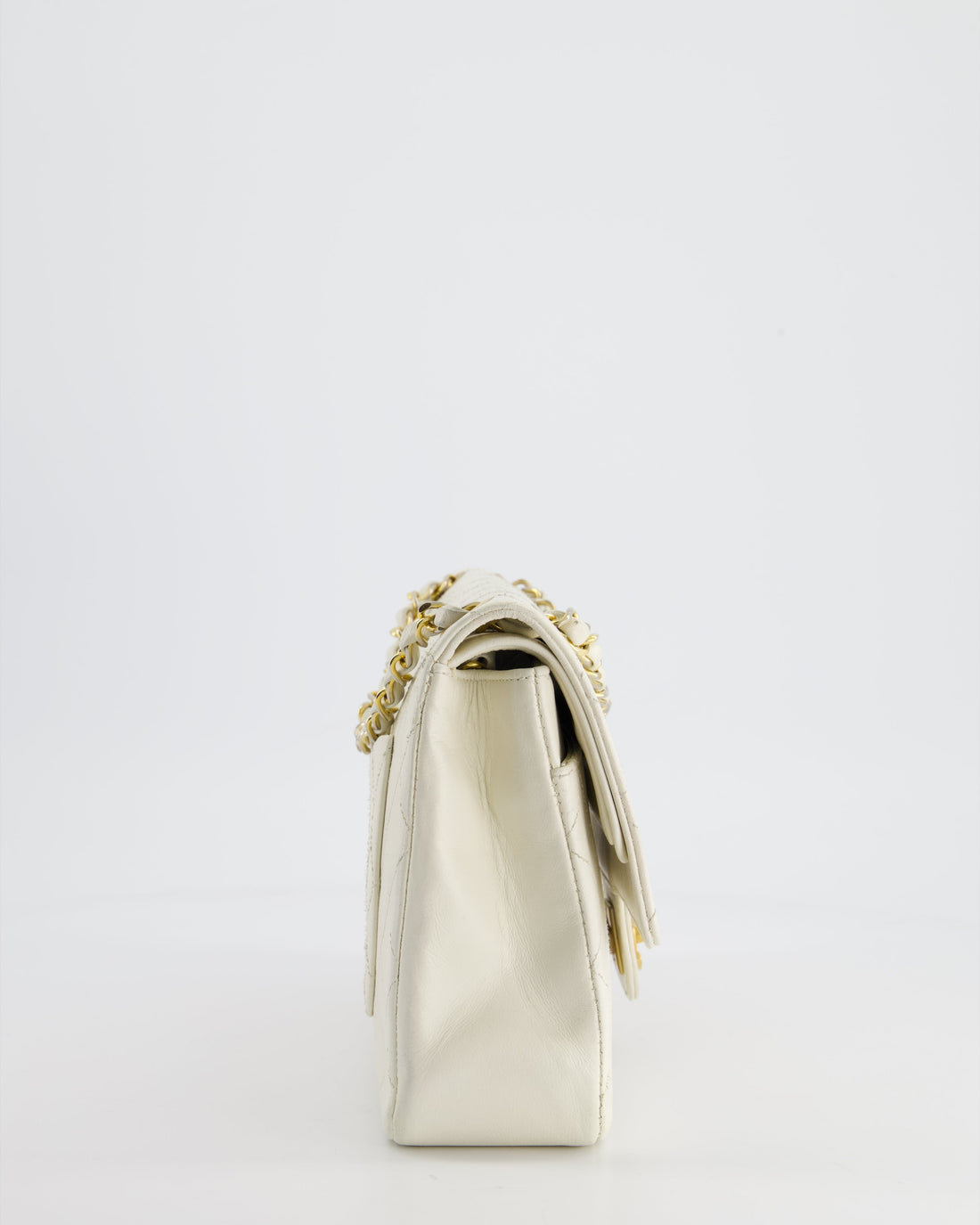 Chanel  White Stitched Edge Classic Double Flap Bag with 24K Gold Hardware
