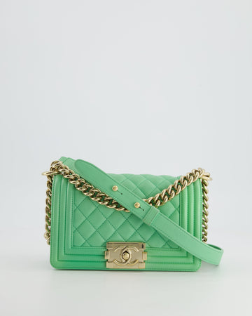 *HOT* Pearl Street Bags Chanel Mint Green Small Boy Bag in Shiny Calfskin Leather with Champagne Gold Hardware