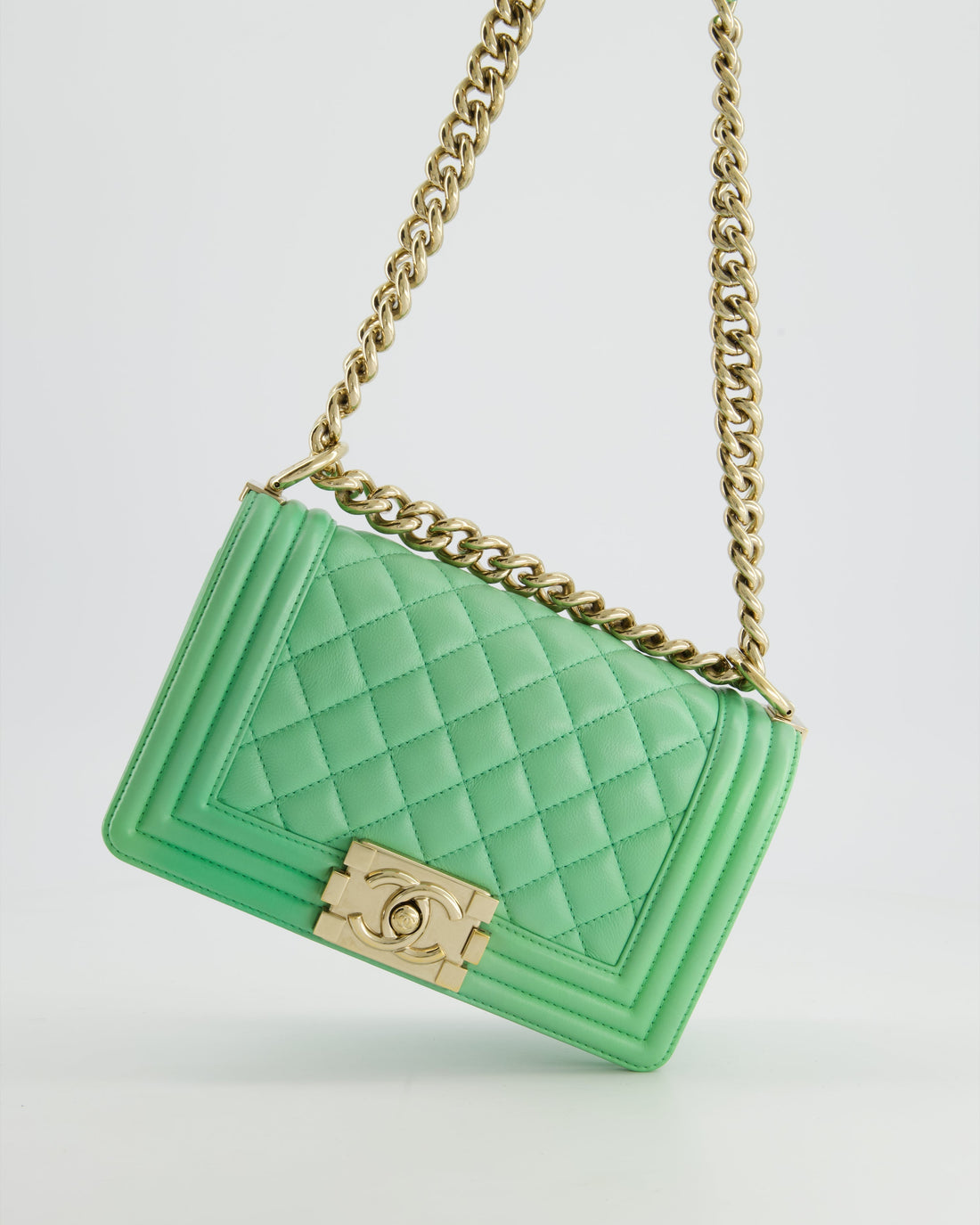 *HOT* Pearl Street Bags Chanel Mint Green Small Boy Bag in Shiny Calfskin Leather with Champagne Gold Hardware