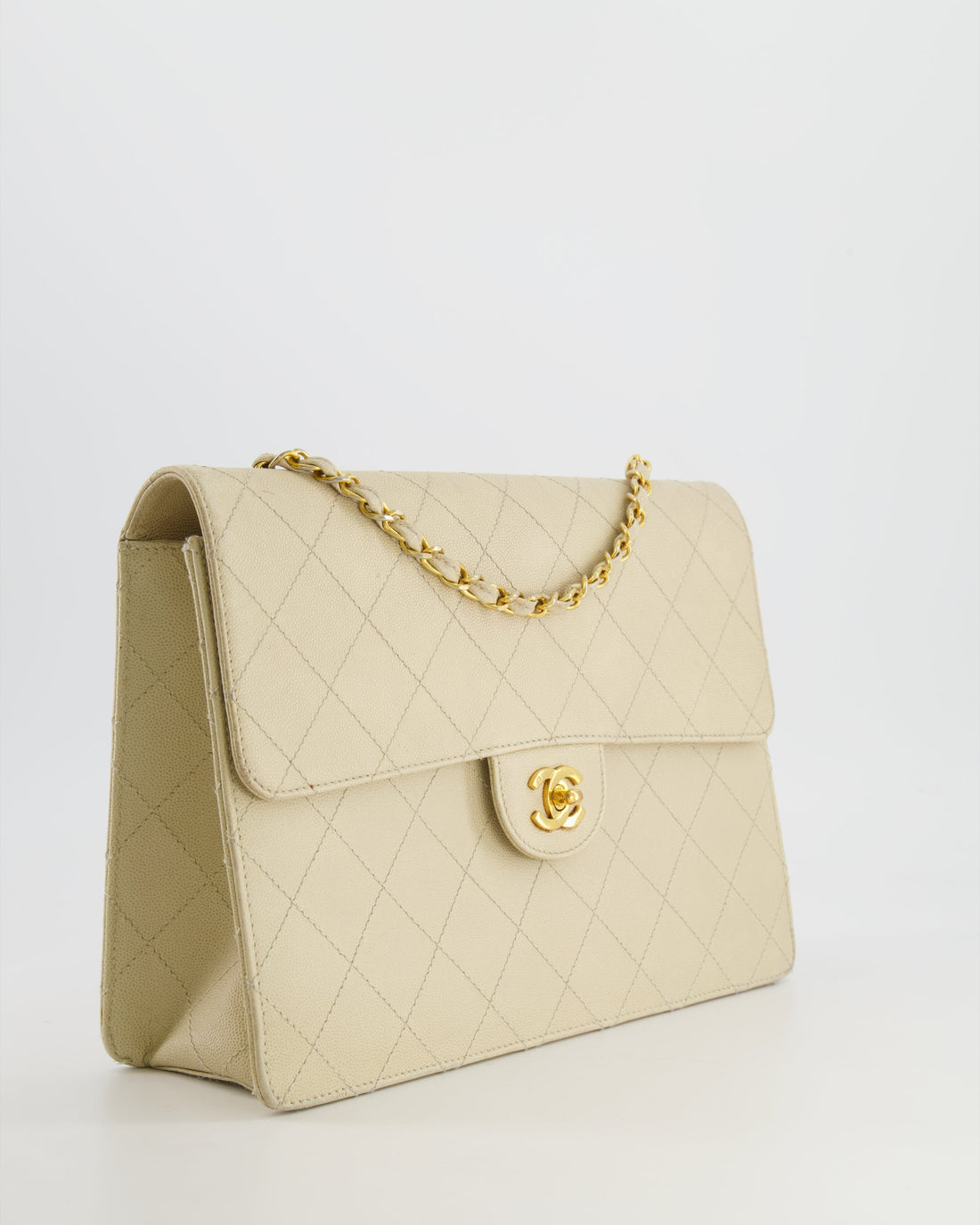 Chanel  Beige Large Single Flap Bag in Caviar Leather with 24k Gold Hardware