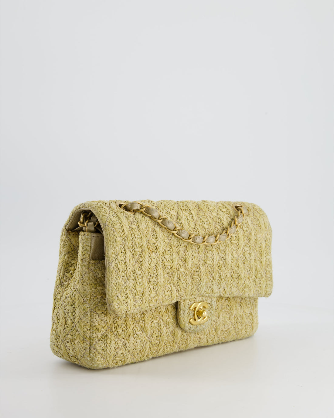 *SUPER HOT* Pearl Street Bags Chanel Beige Raffia Medium Classic Double Flap Bag with Brushed Gold Hardware and Gold Leather Interior