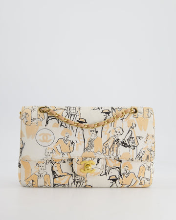 Top Quality Chanel Peach and White  Coco Print Classic Medium Double Flap Bag in Fabric with Brushed Gold Hardware