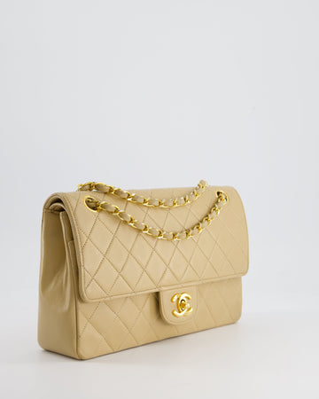 Chanel Beige  Classic Medium Double Flap Bag in Lambskin Leather with 24K Gold Hardware and Stitched Edge