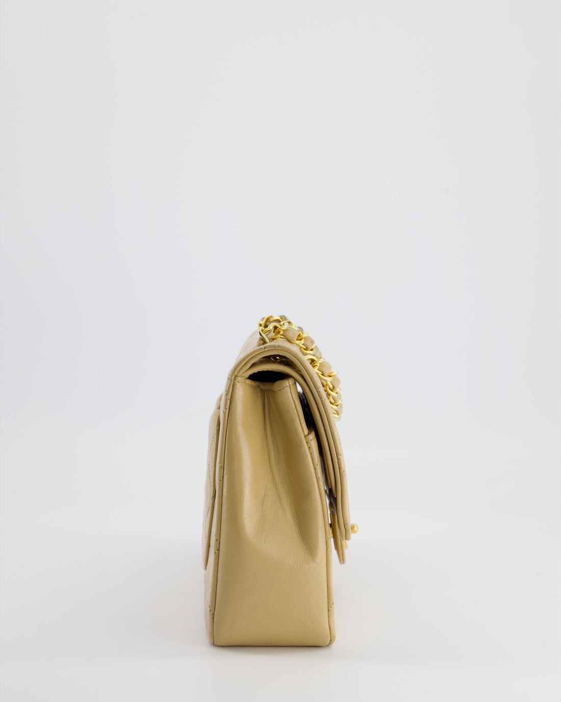 Chanel Beige  Classic Medium Double Flap Bag in Lambskin Leather with 24K Gold Hardware and Stitched Edge