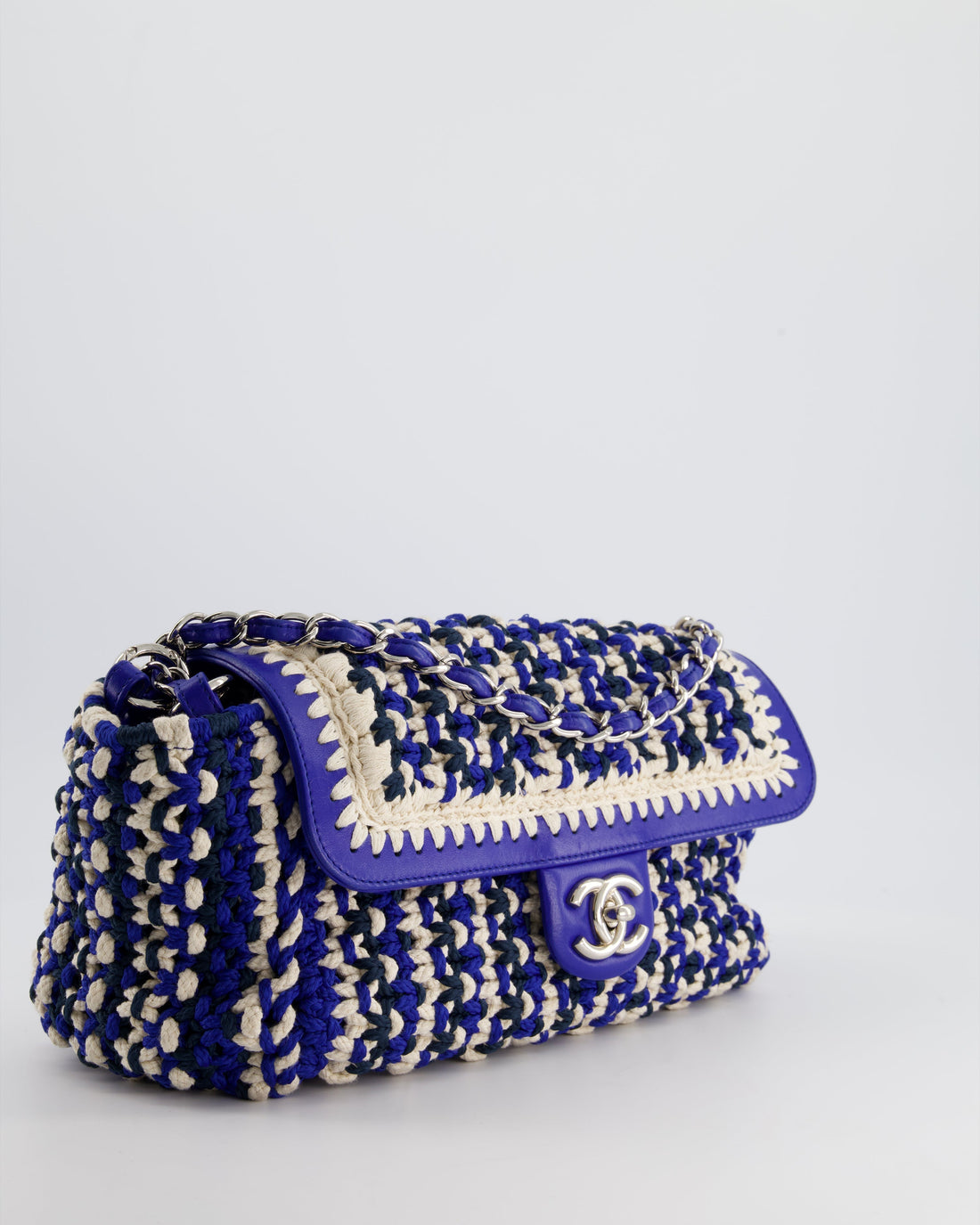 *RARE* Pearl Street Bags Chanel Navy, Blue and Cream Crochet Flap Bag with Silver Hardware