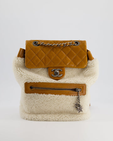 Top Quality Chanel Cream and Caramel Shearling and Calfskin Leather Backpack with Ruthenium Hardware and Charm Zips