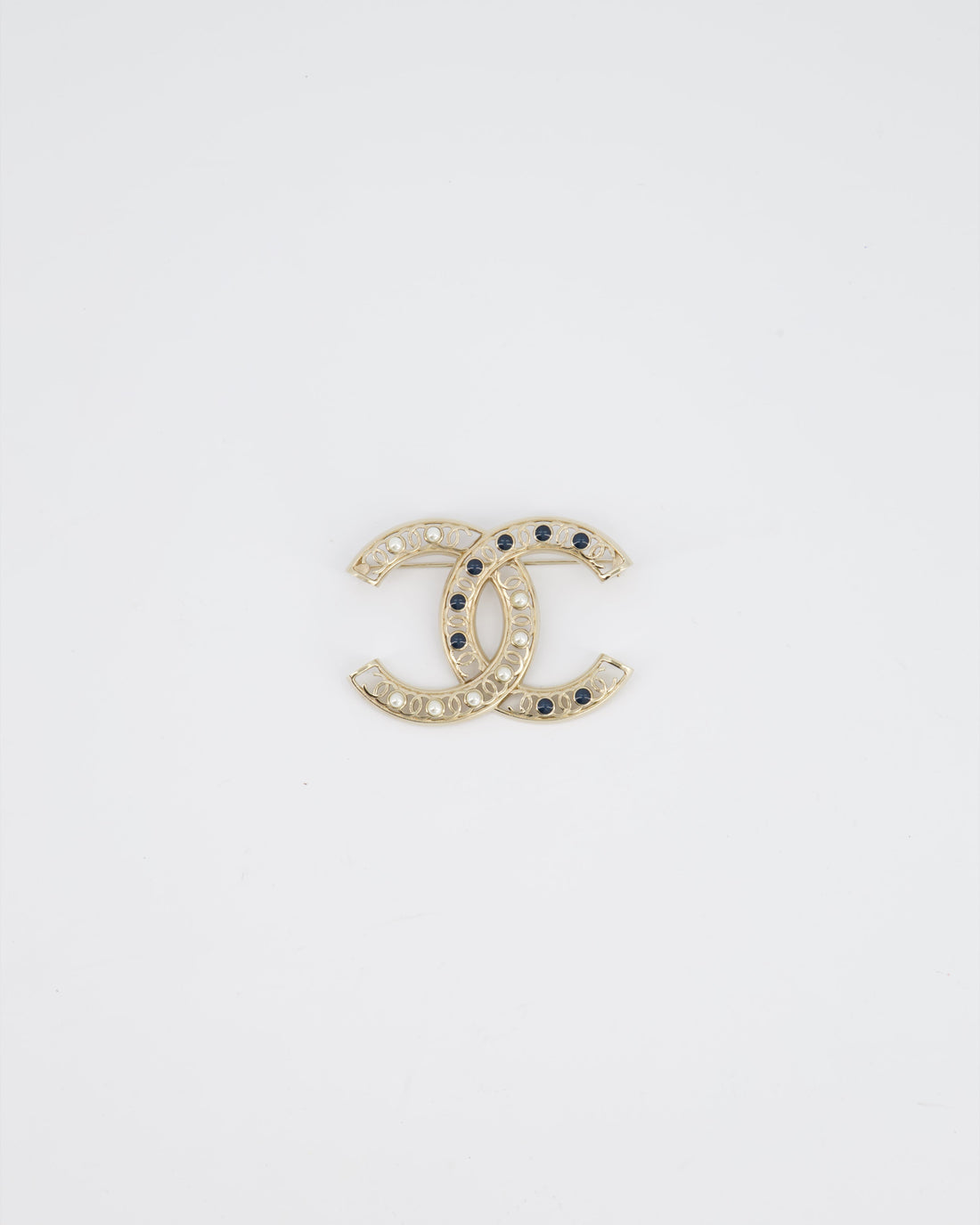 *HOT* Pearl Street Bags Chanel Large CC Pearls and Blue Crystals Brooch with Champagne Gold Hardware&nbsp;