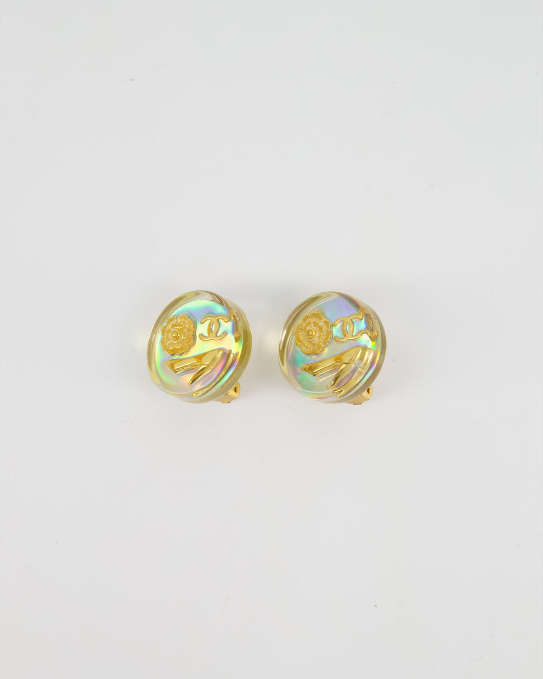 Pearl Street Bags Chanel 97P  Round Iridescent with Gold CC Logo, Cam?©ila & Shoe Detail Clip-On Earrings