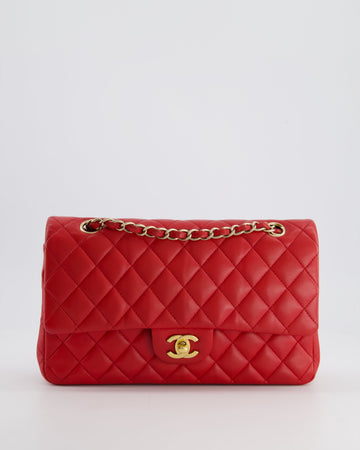 Pearl Street Bags Chanel Medium Red Classic Double Flap Bag in Lambskin Leather with Brushed Gold Hardware
