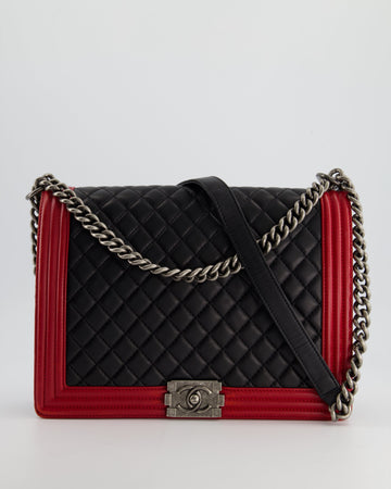 Pearl Street Bags Chanel Black & Red Large Boy Bag in Lambskin Leather with Ruthenium Hardware