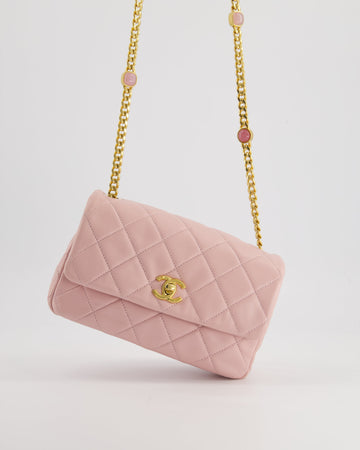 Pearl Street Bags Chanel Baby Pink Mini Flap Bag with Pastel Embellished Chain Detail in Lambskin Leather and Gold Hardware
