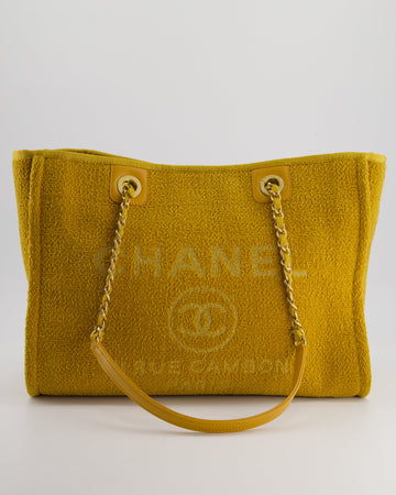 *HOT* Pearl Street Bags Chanel Mustard Yellow Small Deauville Tote Bag in Velvet Tweed with Champagne Gold Hardware