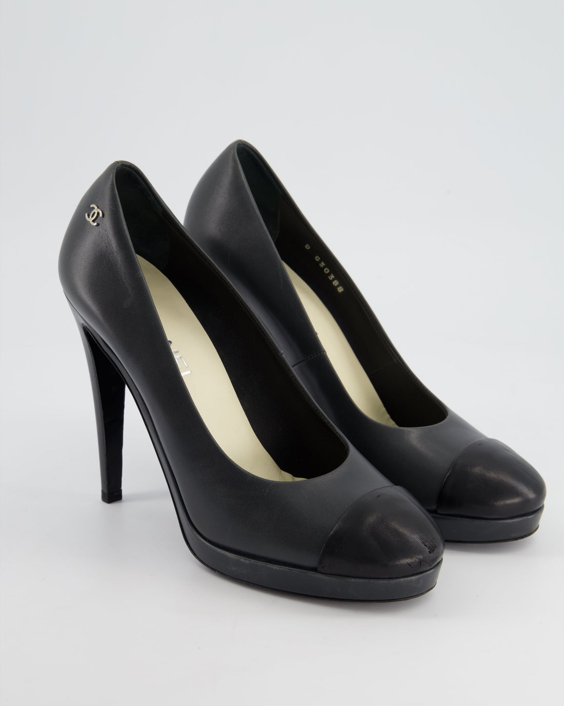 Pearl Street Bags Chanel Charcoal Round Toe Heels with Silver CC Logo Detail Size EU 40