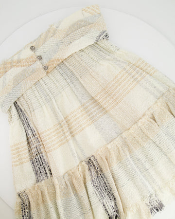 Top Quality Chanel Beige Metallic Tweed Mini Skirt with Removable Belt Detail and CC Logo Buttons Size FR 36 (UK 8)