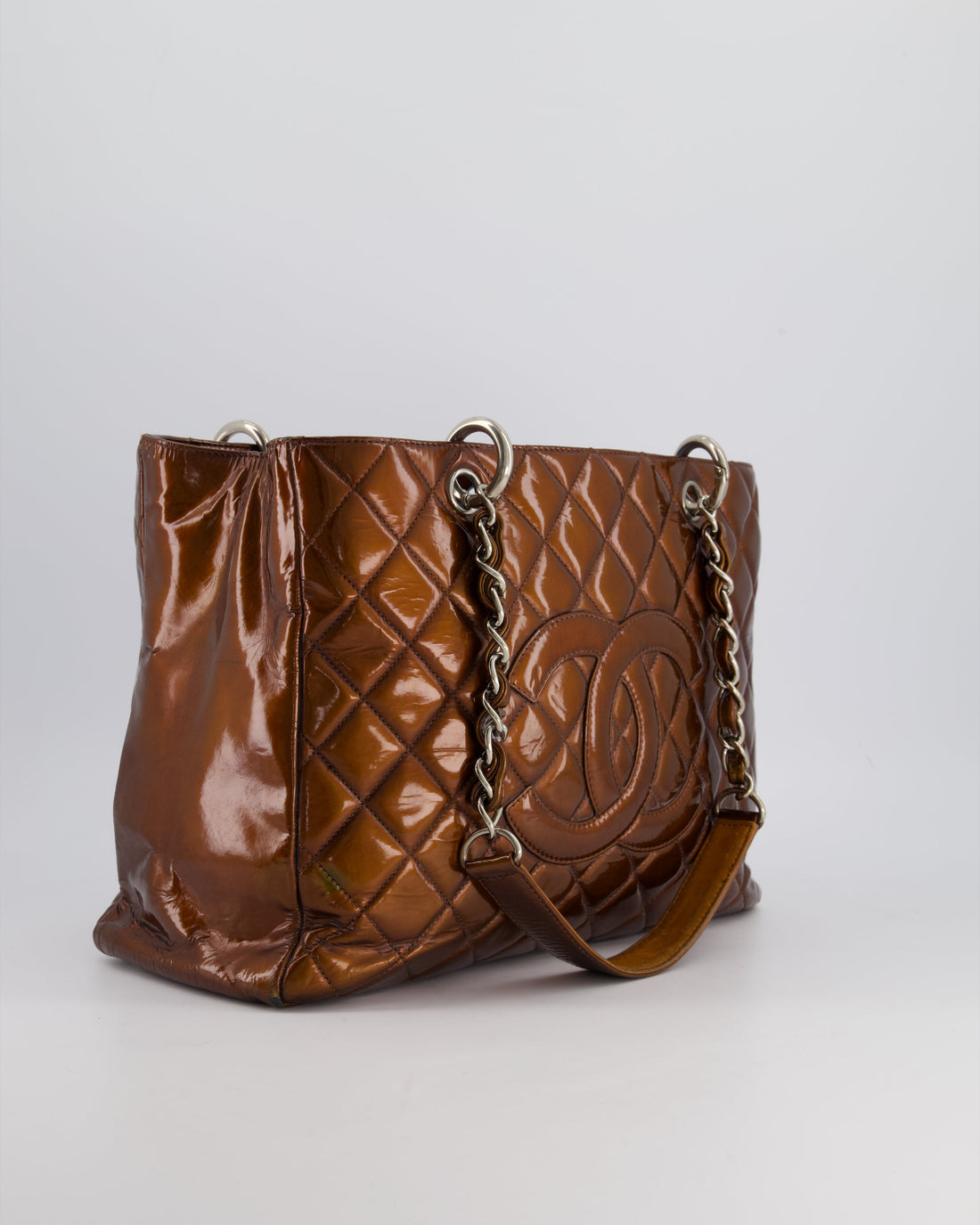 Pearl Street Bags Chanel Bronze GST Grand Shopper Tote Bag in Patent Leather with Silver Hardware