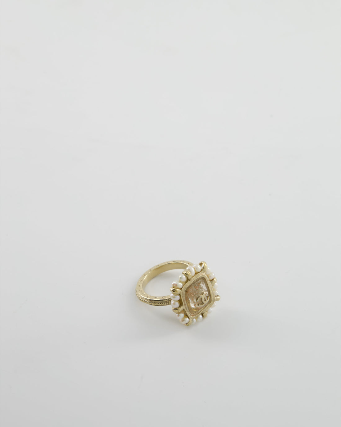 Pearl Street Bags Chanel Antique Champagne Gold Square Ring with Pearl and CC Logo Detail
