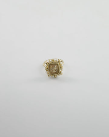Pearl Street Bags Chanel Antique Champagne Gold Square Ring with Pearl and CC Logo Detail