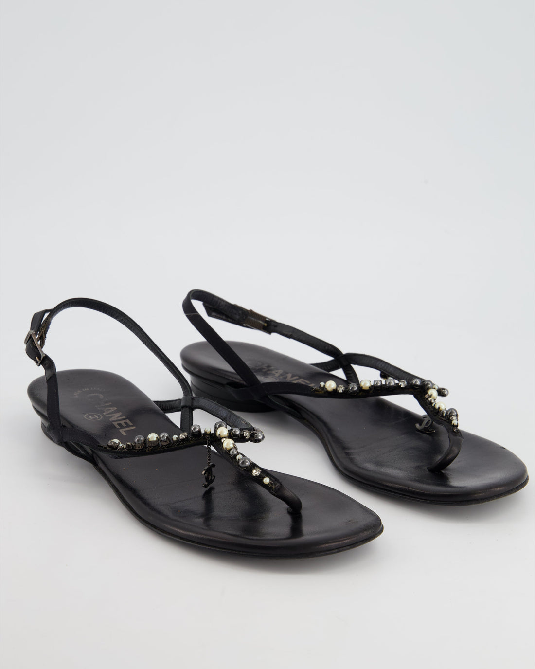 Pearl Street Bags Chanel Black Embellished Leather Ankle Strap Sandals with CC Charm Detail Size EU 41