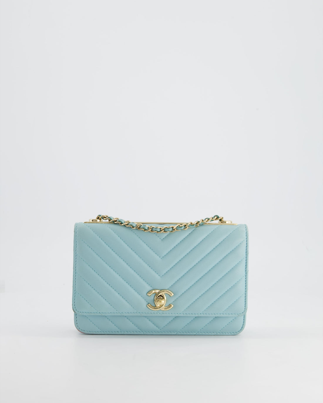 Pearl Street Bags Chanel Tiffany Blue Chevron Quilted Trendy Wallet on Chain Bag in Lambskin Leather with Champagne Gold Hardware