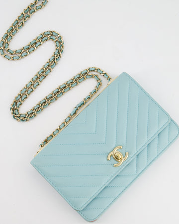 Pearl Street Bags Chanel Tiffany Blue Chevron Quilted Trendy Wallet on Chain Bag in Lambskin Leather with Champagne Gold Hardware
