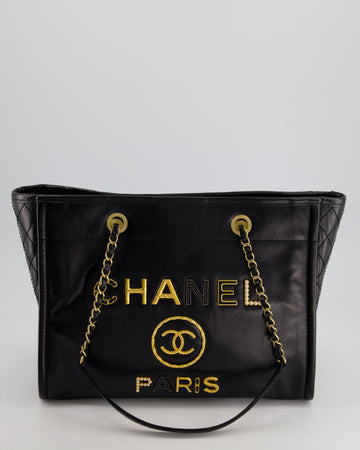 *HOT* Pearl Street Bags Chanel Black Small Deauville Tote Bag in Shiny Calfskin Leather with Antique Gold Hardware and Pearl, Crystal Logo Detail