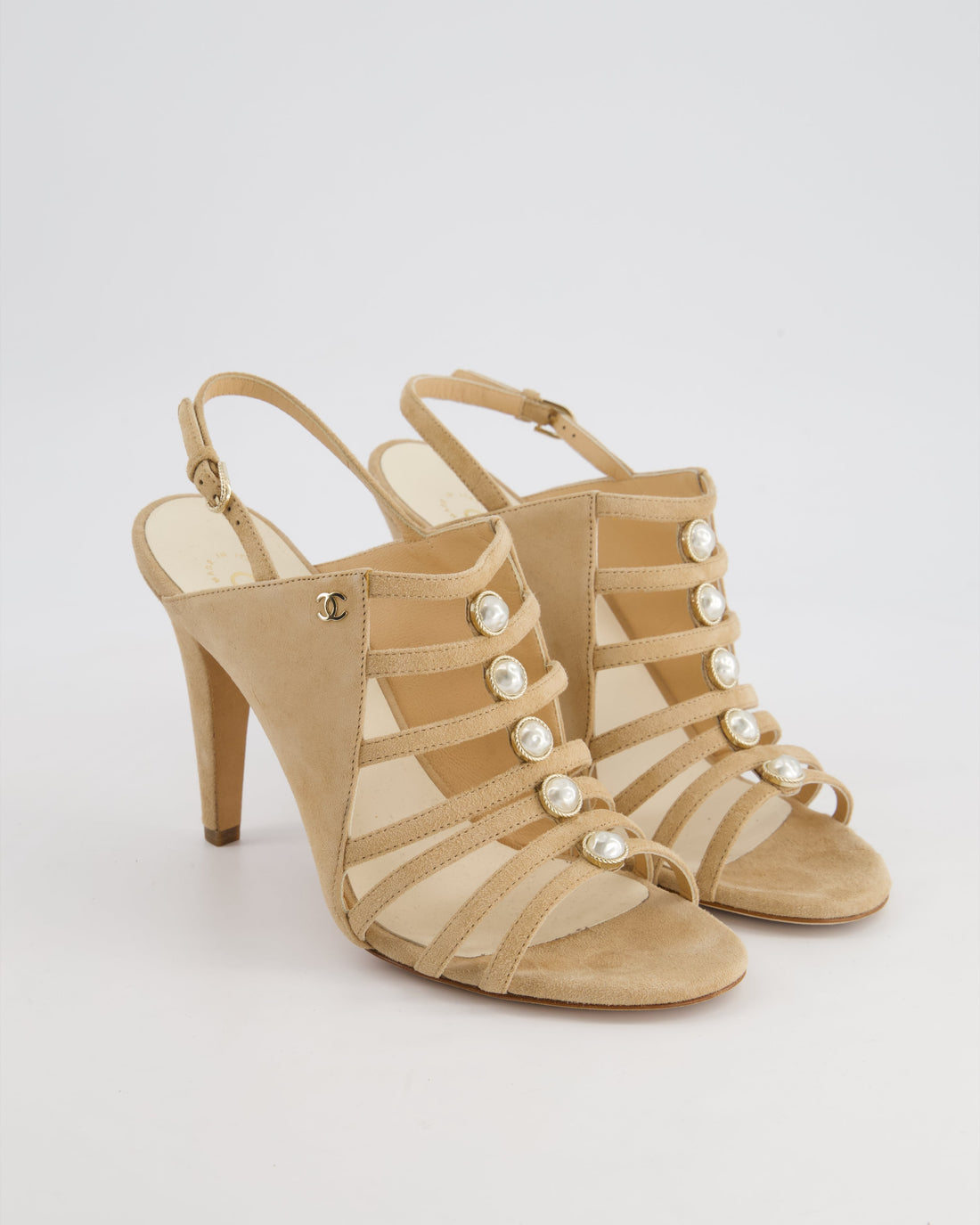Pearl Street Bags Chanel 19/P Beige Suede Caged Strap Heels Size EU 38
