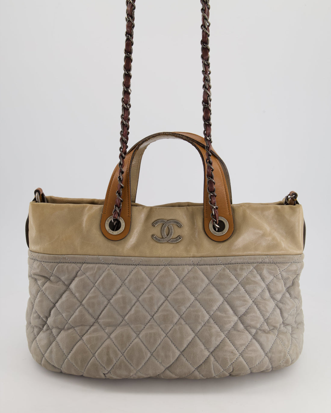 Pearl Street Bags Chanel Stormy Grey Nubuck Leather Portobello Tote Bag with Tan Leather Handle and Ruthenium Hardware