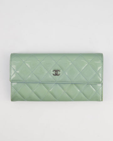 Pearl Street Bags Chanel Light Blue Patent Longline Wallet with Silver Hardware