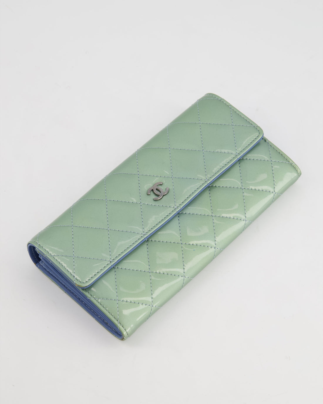 Pearl Street Bags Chanel Light Blue Patent Longline Wallet with Silver Hardware