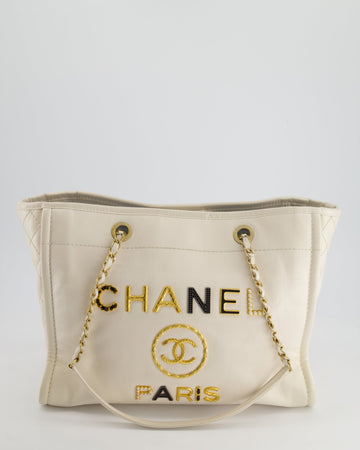 *HOT* Pearl Street Bags Chanel White Small Deauville Tote Bag in Aged Calfskin Leather with Antique Gold Hardware and Pearl, Crystal Logo Detail