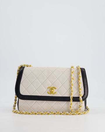 Pearl Street Bags Chanel  White, Black Trim Matelasse Cross-Body Bag in Lambskin Leather with 24K Gold Hardware