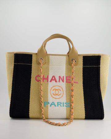 *HOT* Pearl Street Bags Chanel Beige, Black and White Raffia Deauville Tote Bag with Pastel Logo and Champagne Gold Hardware