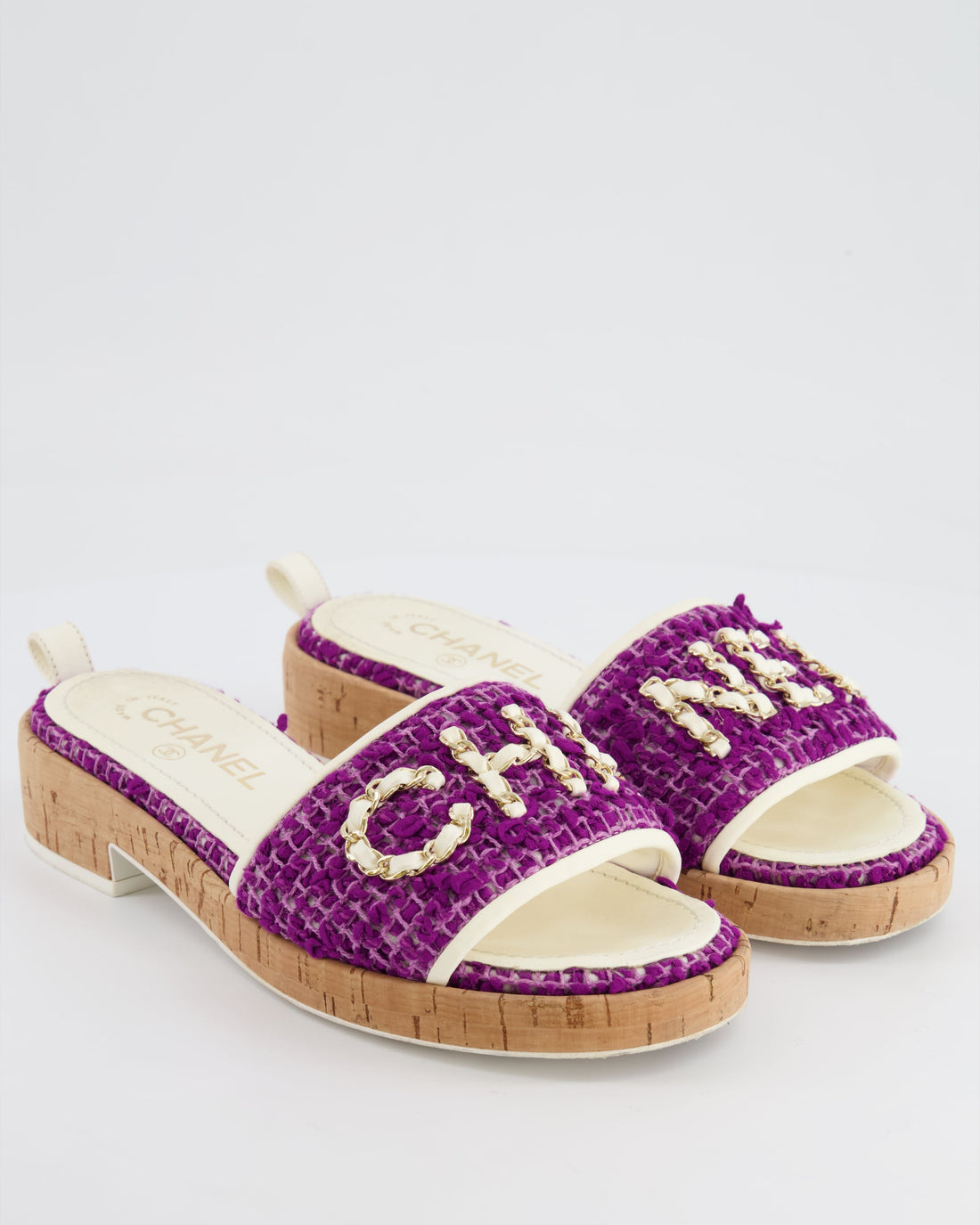 *HOT* Pearl Street Bags Chanel Purple Tweed Mules with Logo Detail Size EU 37.5