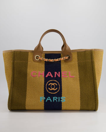 *HOT* Pearl Street Bags Chanel Beige, Navy and Khaki Raffia Deauville Tote with Pastel Logo and Champagne Gold Hardware