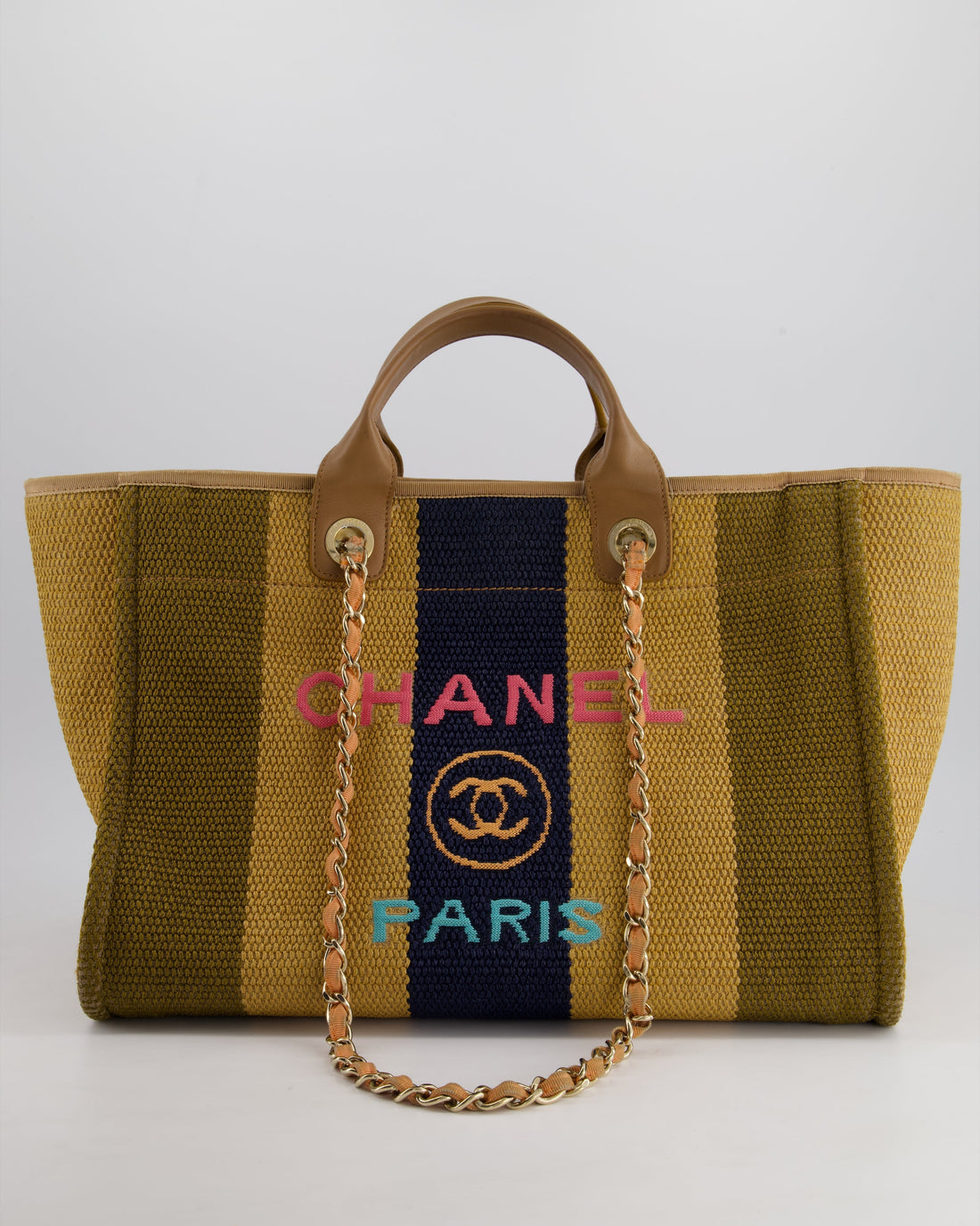 *HOT* Pearl Street Bags Chanel Beige, Navy and Khaki Raffia Deauville Tote with Pastel Logo and Champagne Gold Hardware