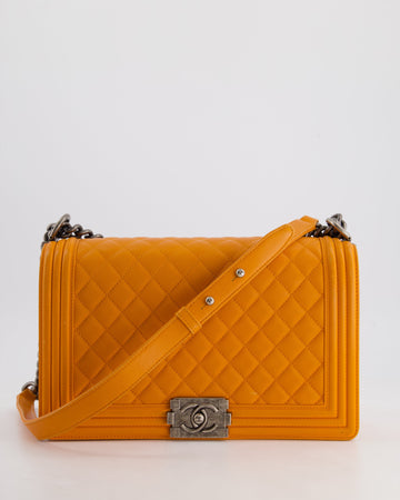 Pearl Street Bags Chanel Orange Medium Boy Bag in Lambskin Leather with Ruthenium Hardware
