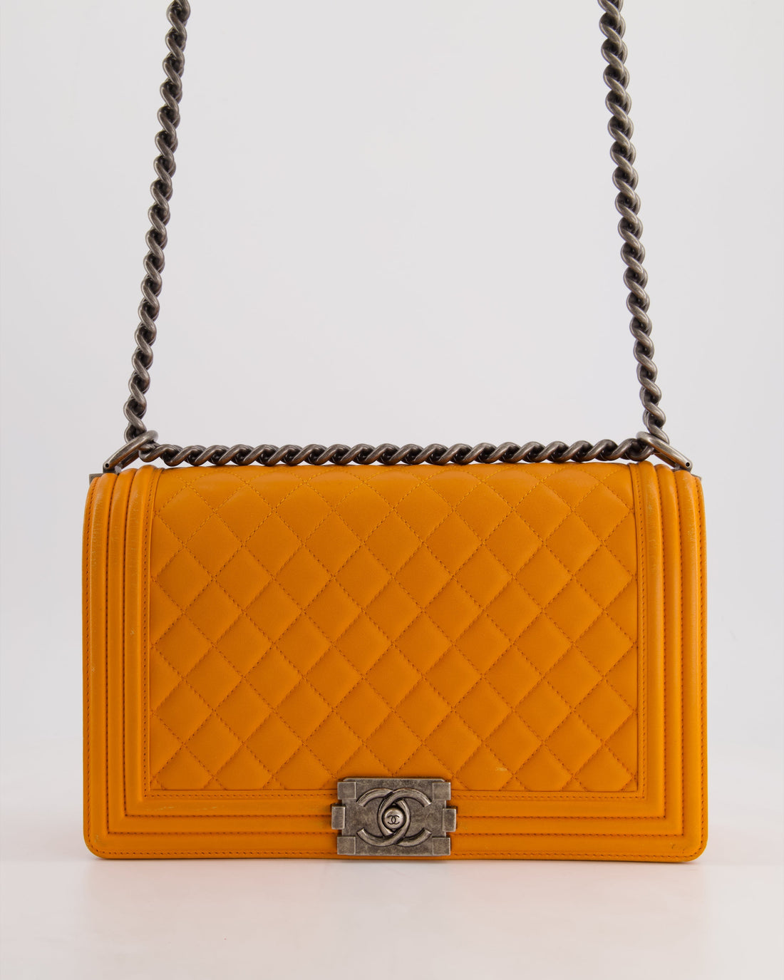 Pearl Street Bags Chanel Orange Medium Boy Bag in Lambskin Leather with Ruthenium Hardware