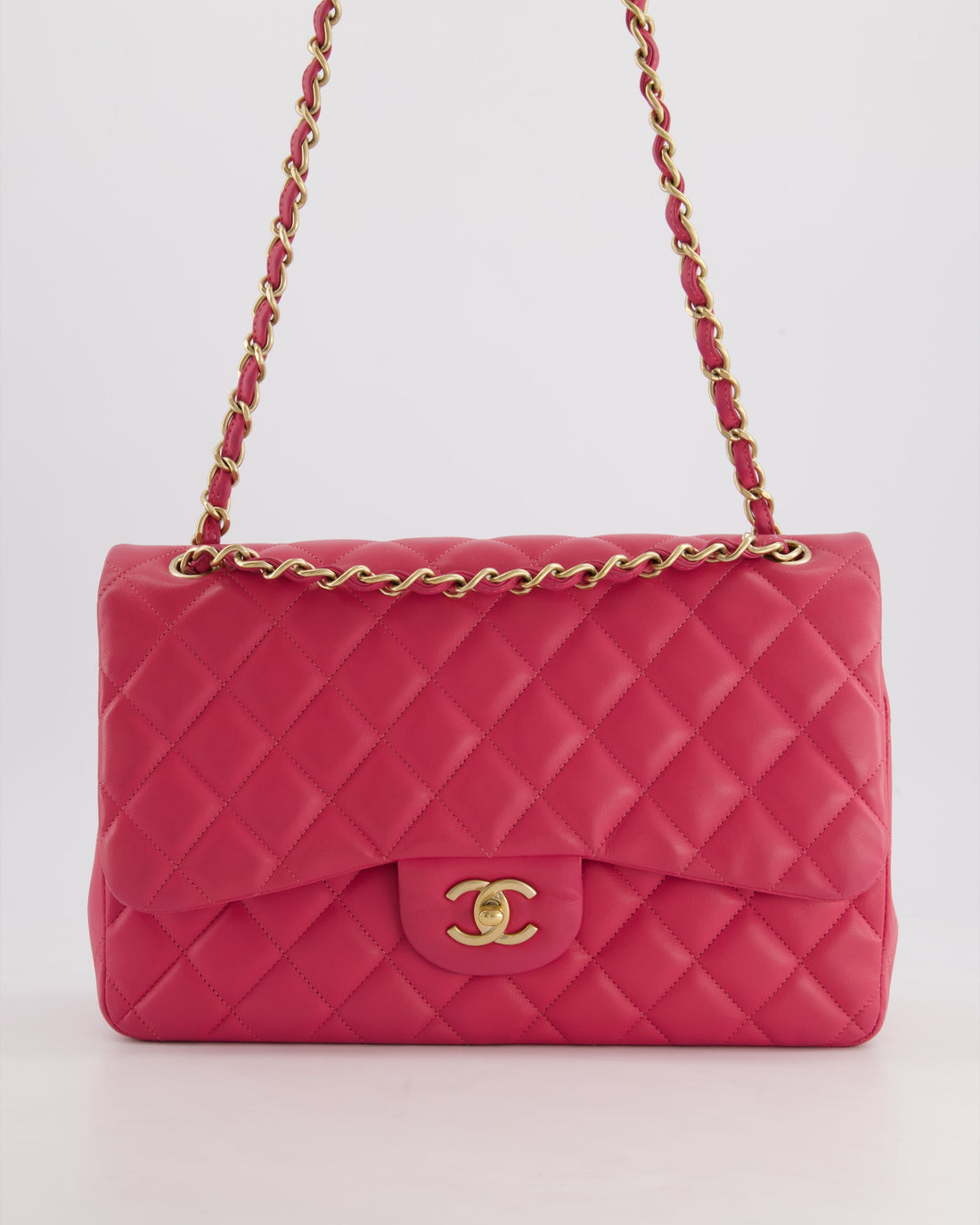 Pearl Street Bags Chanel Deep Pink Classic Jumbo Double Flap Bag in Lambskin Leather and Gold Hardware