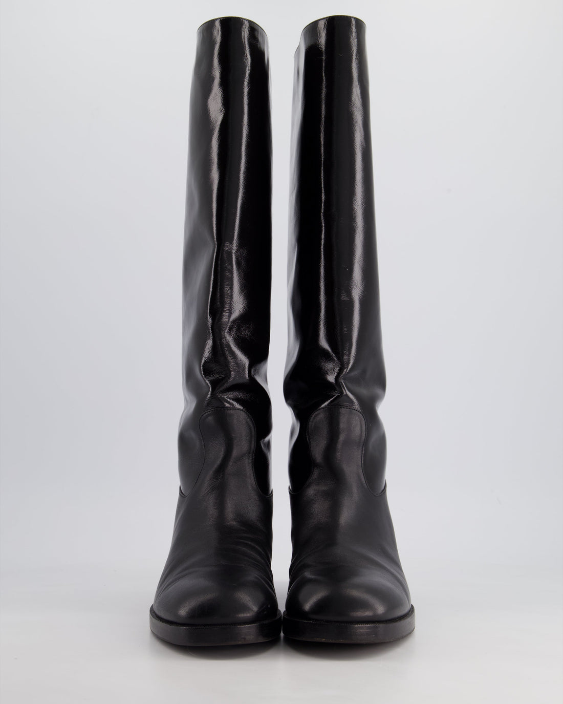 Pearl Street Bags Chanel Black Patent Leather Knee High Boots with Embossed Logo Size EU 40