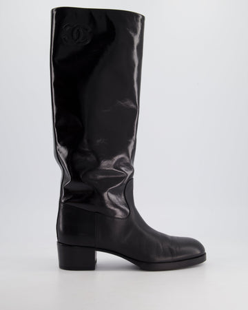 Pearl Street Bags Chanel Black Patent Leather Knee High Boots with Embossed Logo Size EU 40