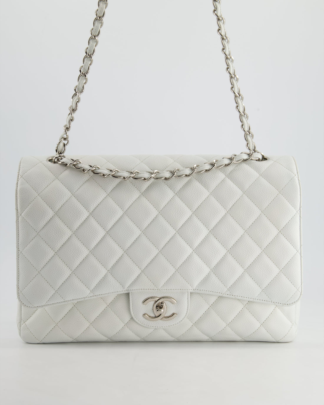 Pearl Street Bags Chanel White Classic Maxi Double Flap Bag in Caviar Leather with Silver Hardware