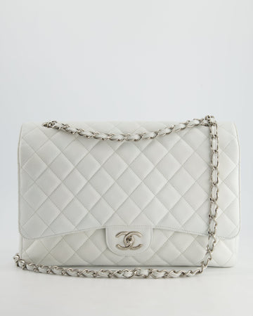 Pearl Street Bags Chanel White Classic Maxi Double Flap Bag in Caviar Leather with Silver Hardware