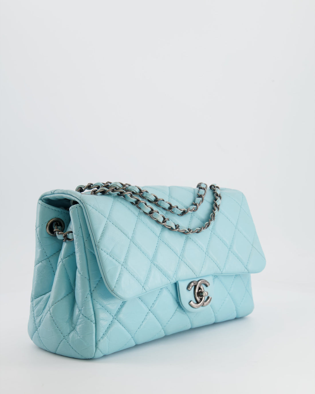 Pearl Street Bags Chanel Baby Blue Single Flap Bag in Aged Calfskin Leather with Ruthenium Hardware