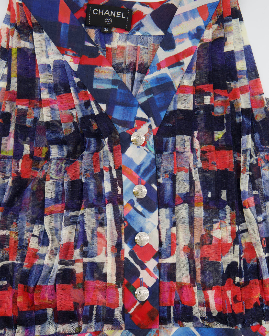 Pearl Street Bags Chanel Multicolour Printed Silk Sleeveless Top with Silver CC Buttons Size FR 36 (UK 8)