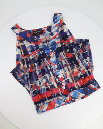 Pearl Street Bags Chanel Multicolour Printed Silk Sleeveless Top with Silver CC Buttons Size FR 36 (UK 8)