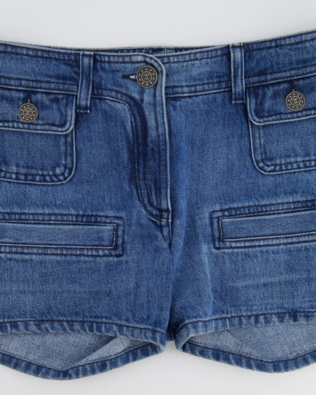 Pearl Street Bags Chanel Blue Denim Mini Shorts with CC Logo Buttons Size FR 34 (UK 6)