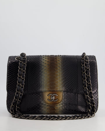 Pearl Street Bags Chanel Black and Brown Python Leather Jumbo Classic Double Flap Bag with Gunmetal Hardware