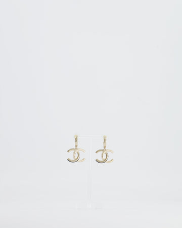 Pearl Street Bags Chanel Champagne Gold CC Logo Pendant Earrings, Black and White Enamel