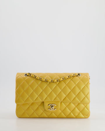 *HOT* Pearl Street Bags Chanel Iridescent Mustard Yellow Medium Double Flap Bag in Lambskin Leather with Champagne Gold Hardware