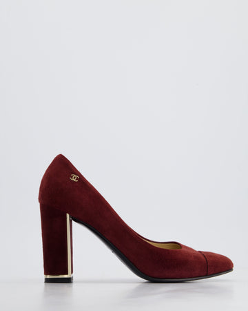 *HOT* Pearl Street Bags Chanel Burgundy Suede Pumps with Gold Metal Heels & CC Logo Details Size EU 40C